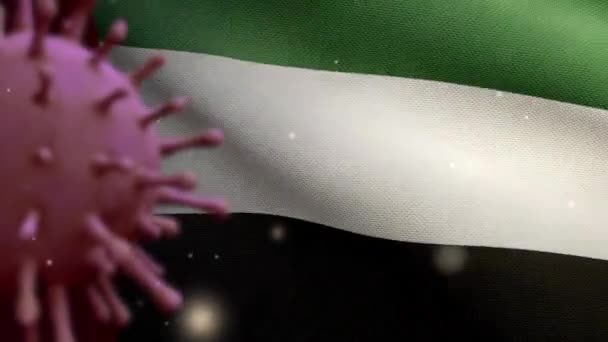 Ilustração Coronavírus Gripe Flutuando Sobre Bandeira Dos Emirados Árabes Unidos — Vídeo de Stock