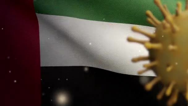 3D展示了阿拉伯联合酋长国国旗挥动与感染呼吸系统的考龙病毒爆发为危险流感的情形 带有阿联酋国旗的Covid 19型流感病毒 — 图库视频影像