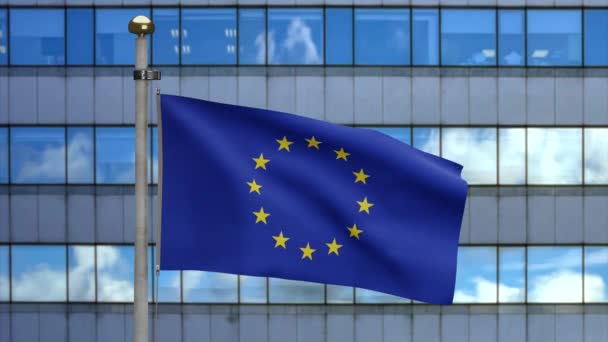 3D展示了欧盟旗帜在现代摩天大楼上飘扬的情景 美丽的高塔和欧洲的旗帜柔软光滑的丝绸 布料质地为背景图案 国庆日和国家丹 — 图库视频影像