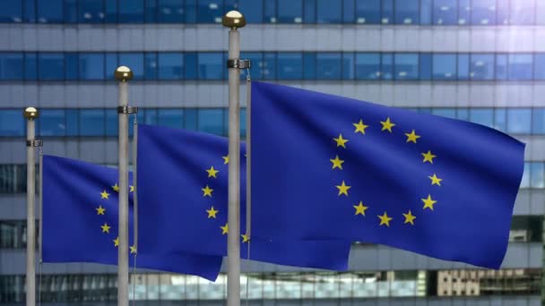 Ilustrasi Bendera Uni Eropa Melambaikan Tangan Kota Pencakar Langit Modern — Stok Video