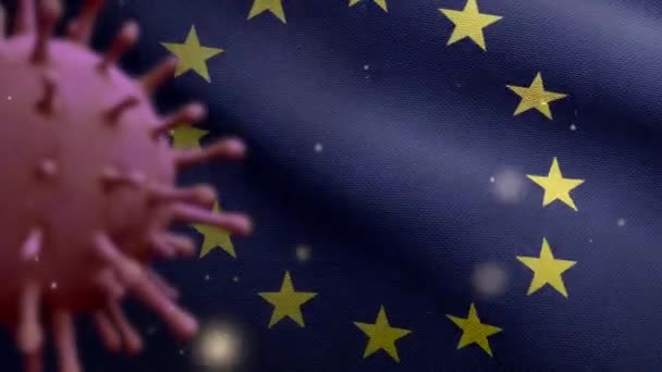 Ilustracja Wirus Grypy Pływający Nad Flagą Unii Europejskiej Patogen Atakuje — Wideo stockowe