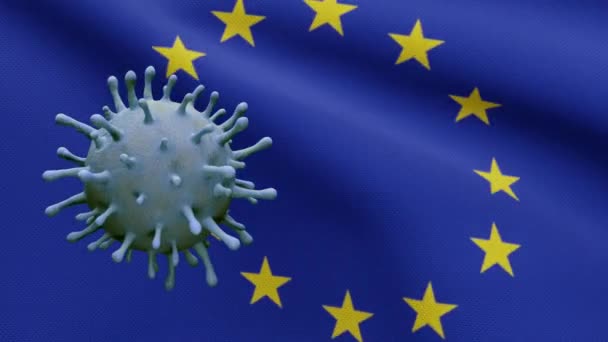 Ilustrace Chřipkový Koronavirus Vznášející Nad Vlajkou Evropské Unie Patogen Napadá — Stock video