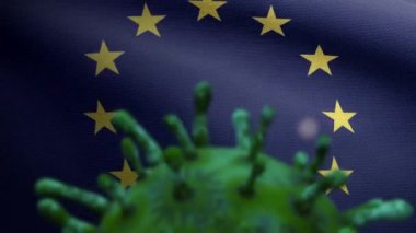 Avrupa Birliği bayrağında dalgalanan 3 boyutlu grip Coronavirüsü, patojen solunum yollarına saldırıyor. Avrupa pankartı Covid 19 virüs enfeksiyonu konsepti sallıyor. Kumaş dokusu Asteğmen Dan