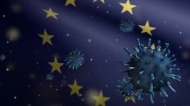 Avrupa Birliği bayrağında dalgalanan 3 boyutlu grip Coronavirüsü, patojen solunum yollarına saldırıyor. Avrupa pankartı Covid 19 virüs enfeksiyonu konsepti sallıyor. Kumaş dokusu Asteğmen Dan