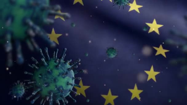Ilustración Bandera Unión Europea Ondeando Con Brote Coronavirus Infectando Sistema — Vídeo de stock