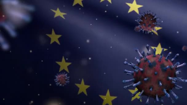 3Dイラスト欧州連合旗上に浮かぶインフルエンザコロナウイルス 病原体攻撃呼吸器路 ヨーロッパの旗はパンデミックコヴィド19ウイルス感染の概念を振っている 生地の質感 Ensign Dan — ストック動画