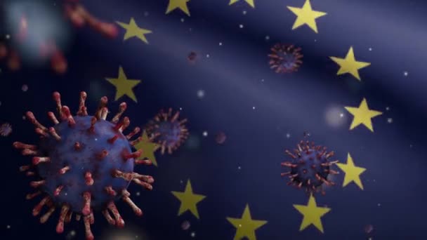 Ilustración Bandera Unión Europea Ondeando Con Brote Coronavirus Infectando Sistema — Vídeo de stock
