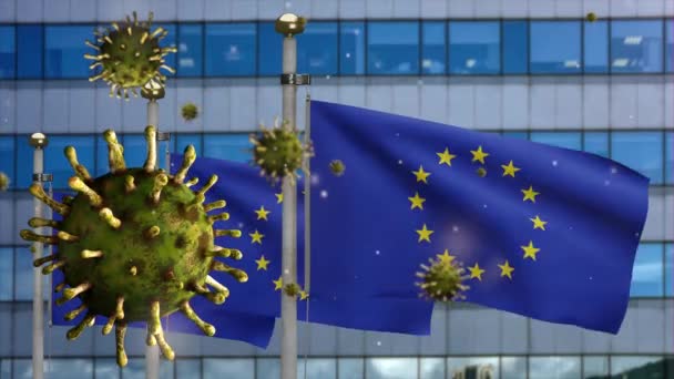 Ilustrace Vlajka Evropské Unie Vlnící Moderním Mrakodrapu Coronavirem2019 Krásná Vysoká — Stock video