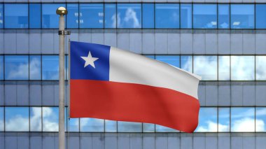 Modern bir gökdelen şehrinde Şili bayrağı dalgalanmaktadır. Şili bayrağıyla güzel, uzun bir kule, pürüzsüz ipek. Kumaş dokusu Asteğmen arka planı. Ulusal gün ve ülke konsepti.