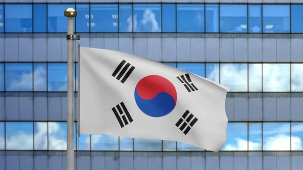 3D illustration Korean flag waving in a modern skyscraper city. Beautiful tall tower with South Korea banner blowing soft silk. Cloth fabric texture ensign background. National day country concept
