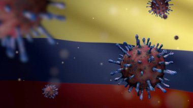 3D illustration Flu coronavirus floating over Colombian flag, pathogen attacks respiratory tract. Colombia banner waving with pandemic Covid19 virus infection concept. Real fabric texture ensign clipart