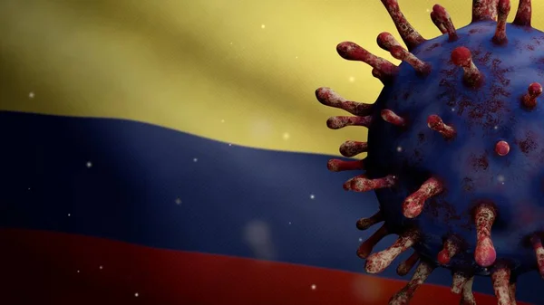 3D illustration Colombian flag waving and Coronavirus 2019 nCov concept. Asian outbreak in Colombia, coronaviruses influenza as dangerous flu strain cases as a pandemic. Microscope virus Covid19