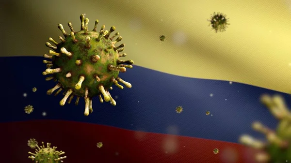 3D illustration Colombian flag waving and Coronavirus 2019 nCov concept. Asian outbreak in Colombia, coronaviruses influenza as dangerous flu strain cases as a pandemic. Microscope virus Covid19