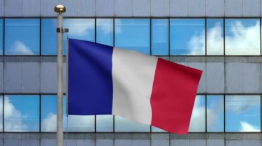 Modern bir gökdelen şehrinde 3D Fransız bayrağı dalgalanıyor. Güzel, uzun bir kule, Fransa bayrağı yumuşak, yumuşak ipek. Kumaş kumaş dokusu, Asteğmen. Ulusal Gün Taşra Konsepti.