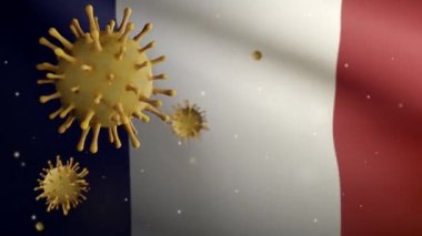 Fransız bayrağı üzerinde süzülen 3 boyutlu grip Coronavirüsü, solunum yoluna saldıran bir patojen. Fransa pankartı sallanıyor Covid19 virüs enfeksiyonu kavramı - Dan