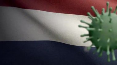 3 boyutlu Hollanda bayrağı Coronavirüs salgını ile sallanıyor ve solunum sistemini tehlikeli grip olarak etkiliyor. Arkaplanda ulusal Hollanda pankartı olan Covid 19 tipi grip virüsü.