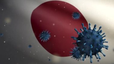 Koronavirüs salgınıyla dalgalanan Japon bayrağı solunum sistemini tehlikeli grip olarak etkiliyor. Arkaplanda ulusal Japonya bayrağı dalgalanan Covid 19 tipi bir virüs.