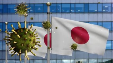 Modern gökdelen şehrinde Coronavirus 2019 ile birlikte 3D Japon bayrağı dalgalanmaktadır. Japonya 'da güzel bir kule ve salgın. Mikroskop virüsü Covid 19-Dan