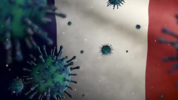 3Dイラストフランスの旗の上に浮かぶインフルエンザコロナウイルスは 呼吸器系を攻撃する病原体です パンデミックを伴うフランスの旗 Covi19ウイルス感染の概念 Dan — ストック動画