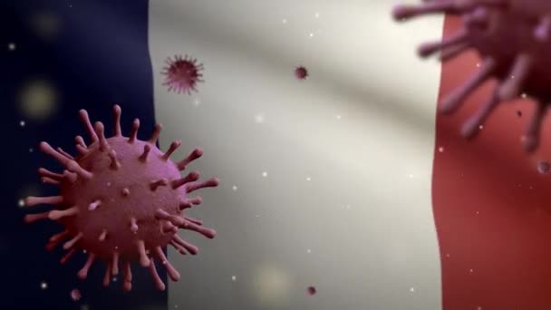 3D展示了在法国国旗上漂浮的流感考拉病毒 一种攻击呼吸道的病原体 法国横幅与流行病Covid19病毒感染概念 — 图库视频影像