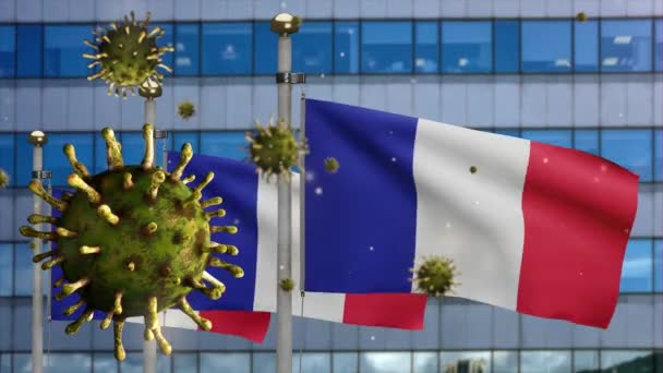 Ilustracja Francuska Flaga Machająca Nowoczesnym Mieście Drapaczy Chmur Wybuchem Epidemii — Wideo stockowe