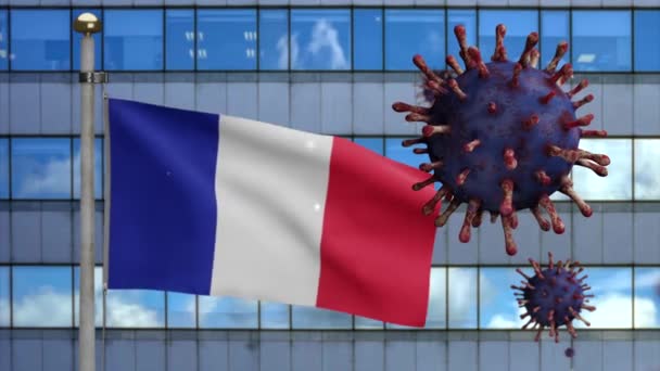 Illusztráció Francia Zászló Integetett Modern Felhőkarcoló Város Coronavirus Járvány Mint — Stock videók