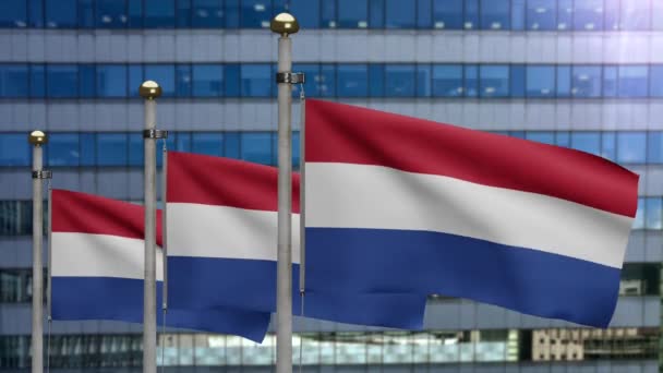 Illustration Dutch Flag Waving Modern Skyscraper City Beautiful Tall Tower — Stock Video