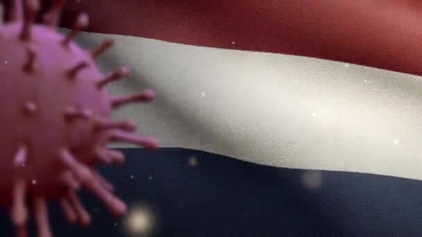 Ilustracja Wirus Grypy Unoszący Się Nad Holenderską Flagą Patogen Atakuje — Wideo stockowe
