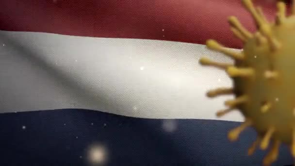 Ilustración Bandera Holandesa Ondeando Con Brote Coronavirus Infectando Sistema Respiratorio — Vídeo de stock