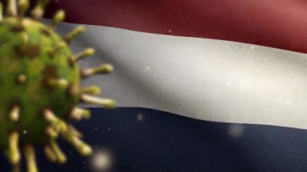 Ilustración Flu Coronavirus Flotando Sobre Bandera Holandesa Patógeno Ataca Las — Vídeos de Stock