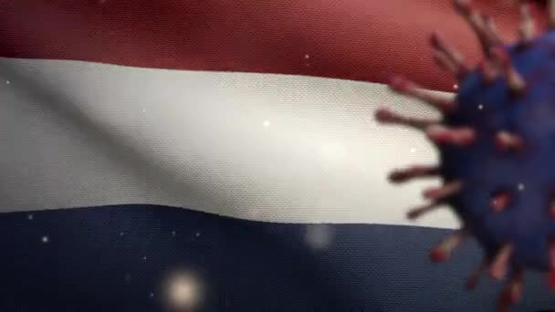 3Dイラスト危険なインフルエンザとして呼吸器系に感染するコロナウイルスの発生で手を振るオランダ国旗 インフルエンザタイプCovid 19ウイルス オランダ国旗掲揚 Dan — ストック動画