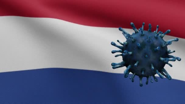 3Dイラストオランダ国旗に浮かぶインフルエンザコロナウイルス 病原体攻撃呼吸器路 オランダのバナーは Covid19ウイルス感染の概念のパンデミックに手を振る 生地の質感 Ensign Dan — ストック動画