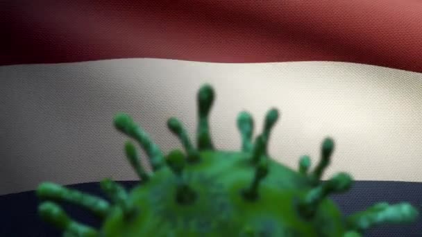 Ilustração Coronavírus Gripe Flutuando Sobre Bandeira Holandesa Patógeno Ataca Trato — Vídeo de Stock