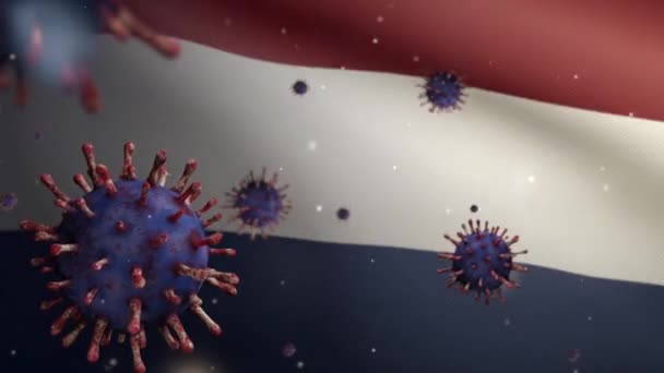 Illustration Coronavirus Grippal Flottant Dessus Drapeau Néerlandais Agent Pathogène Attaque — Video