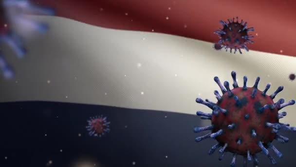 3Dイラストオランダの旗手とコロナウイルス2019 Nconvコンセプト オランダでのアジアの流行は インフルエンザをパンデミックとして危険なインフルエンザ菌株の例として使用しています 顕微鏡ウイルス Covid19 Dan — ストック動画