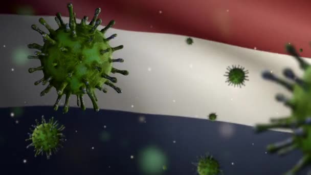 Ilustración Bandera Holandesa Ondeando Concepto Ncov Coronavirus 2019 Brote Asiático — Vídeos de Stock