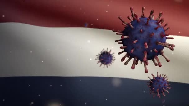 Ilustración Bandera Holandesa Ondeando Con Brote Coronavirus Infectando Sistema Respiratorio — Vídeos de Stock