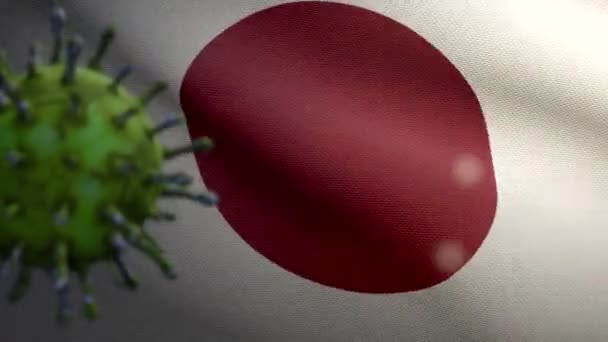 Japońska Flaga Macha Wraz Wybuchem Epidemii Coronavirus Infekującej Układ Oddechowy — Wideo stockowe