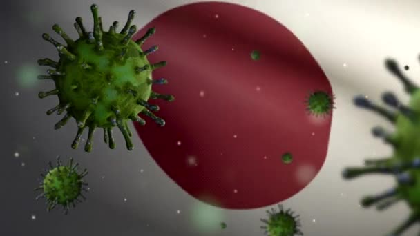 Japanese Flag Waving Coronavirus Outbreak Infecting Respiratory System Dangerous Flu — Stock Video