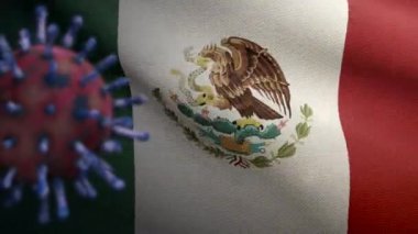Coronavirüs salgınıyla sallanan Meksika bayrağı solunum sistemini tehlikeli grip olarak etkiliyor. Arkaplanda ulusal Meksika bayrağı dalgalanan Covid 19 tipi grip virüsü. Salgın riski kavramı - Dan