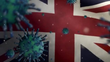 Birleşik Krallık bayrağı dalgalanması ve Coronavirus 2019 nCov konsepti. Britanya 'da Asya salgını, koronavirüs gribi salgını, salgın gibi grip salgını. Mikroskop virüsü Covid19 'u kapatın.