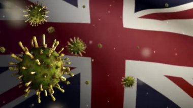 Birleşik Krallık bayrağı dalgalanması ve Coronavirus 2019 nCov konsepti. Britanya 'da Asya salgını, koronavirüs gribi salgını, salgın gibi grip salgını. Mikroskop virüsü Covid19 'u kapatın.