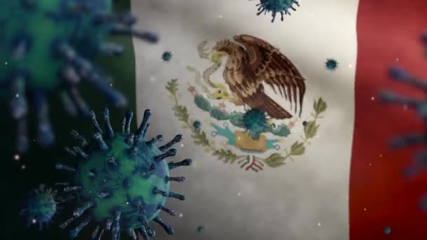 Мексиканський Прапор Махаючи Коронавірусом Заражає Дихальну Систему Небезпечним Грипом Вірус — стокове відео