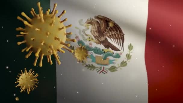 流感病毒在墨西哥国旗上漂浮 这是一种侵袭呼吸道的病原体 墨西哥横幅挥动着Covid19病毒感染大流行的概念 — 图库视频影像
