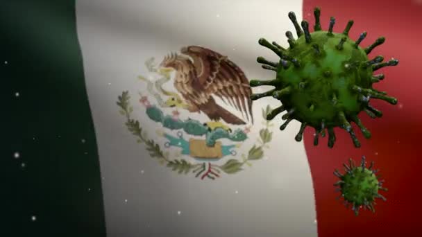 Мексиканський Прапор Махаючи Коронавірусом Заражає Дихальну Систему Небезпечним Грипом Вірус — стокове відео