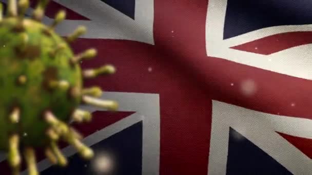 Bandeira Reino Unido Acenando Com Surto Coronavirus Infectando Sistema Respiratório — Vídeo de Stock