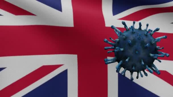 Bandera Del Reino Unido Ondeando Con Brote Coronavirus Infectando Sistema — Vídeos de Stock