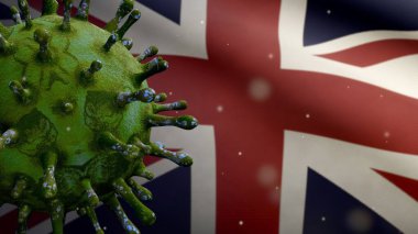 Birleşik Krallık bayrağı dalgalanması ve Coronavirus 2019 nCov konsepti. Britanya 'da Asya salgını, koronavirüs gribi salgını, salgın gibi grip salgını. Mikroskop virüsü Covid19 yakın çekim.