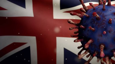 Birleşik Krallık bayrağı sallanıyor Coronavirus salgını solunum sistemini tehlikeli grip olarak etkiliyor. Influenza tipi Covid 19 virüsü. Ulusal Britanya pankartı arka planda. Salgın konsepti