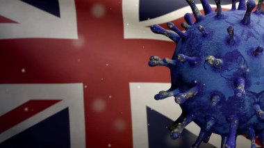 Birleşik Krallık bayrağı üzerinde salınan grip koronavirüsü solunum yoluna saldıran bir patojen. Britanya pankartı Covid19 virüs enfeksiyonu konseptiyle sallanıyor. Yakın çekim kumaş dokusu Asteğmen